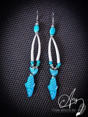 Native American Handmade Turquoise Fish And Tusk Shell Dangle Earrings